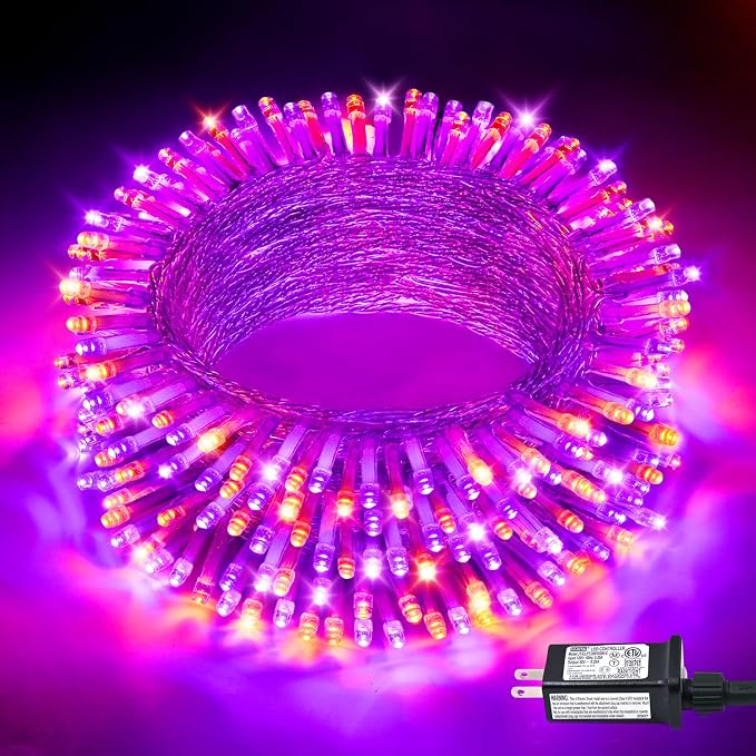 JMEXSUSS 33 FT 100 LED Orange and Purple Halloween String Lights Indoor | Plug In Halloween Lights Clear Wire, 8 Modes Outdoor Waterproof Christmas String Light for Halloween Decor