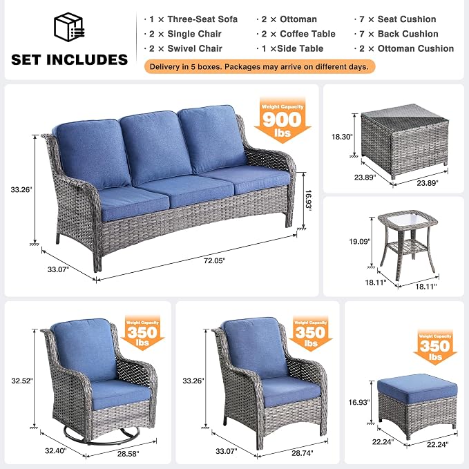 ovios 10 Pieces Patio Furniture Set with Swivel Rocking Chairs, Outdoor Wicker Sofa Couch Comfy Cushions, All Weather High Back Modern Conversation Set, Grey Rattan, Denim Blue