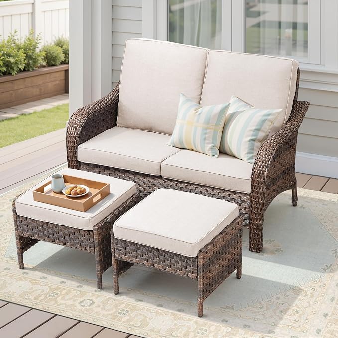 3 PCS Patio Furniture Set, Outdoor Wicker Loveseat with 2 Ottomans, 4-Inch Thick Olefin Cushions & Curved Armrests, 300 lbs Capacity Rattan Sofa Set for Porch, Balcony, Backyard, Beige
