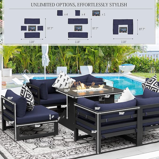 BULEXYARD 9 Piece Large Modern Aluminum Outdoor Patio Furniture Set with Fire Pit Table, 29 inch Wide Deep Seat, Rust Proof Comfy Sectional Sofa, 500 lbs Sturdy Front Yard Conversation Set, Navy Blue