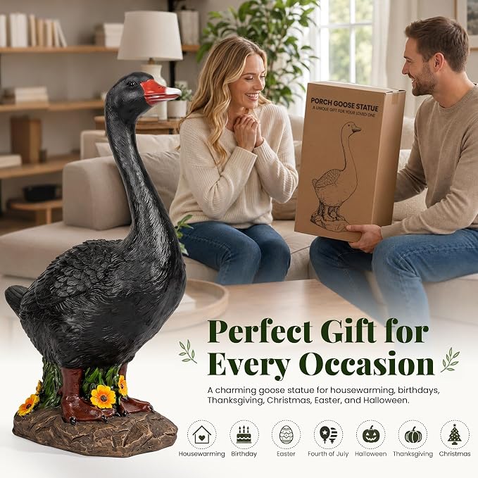 GIGALUMI 19" Large Porch Black Goose Statue, Durable Resin Garden Decor, Hand-Painted Animal Sculpture Indoor Outdoor, Patio Lawn Yard Art Ornaments, Birthday Housewarming Gift for Women Mom Grandma