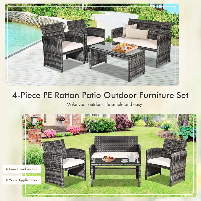 Outdoor Conversation Set, 4 Pieces Wicker Patio Furniture Set with Ergonomic Curved Design, Patio Chair Set with Water-Resistant Cushion & Tempered Glass Table for Backyard, Porch(Beige)