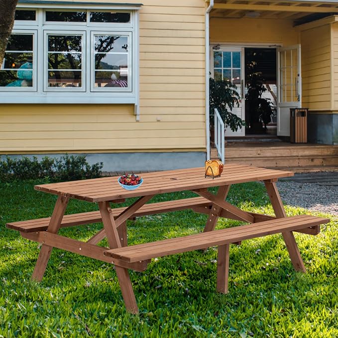 75" Wood Rectangular Picnic Tables with Benches and Umbrella Hole, Classic Picnic Table Bench Set for 6 or 8 Person for Outdoors, Backyard, Porch, Patio, and Deck, 2220lb Capacity,Walnut Brown