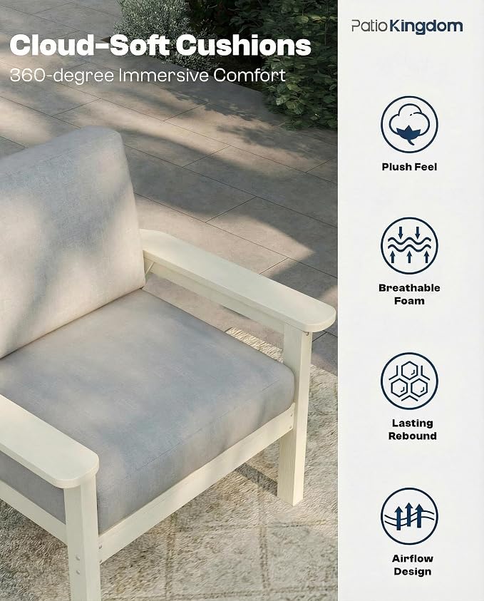 HDPE 7 Piece Patio Furniture Set, HDPE Outdoor Sectional with with Gray Thick Cushions, Coffee Table and Side Table, Patio Conversation Sets for Lawn, Garden, Porch (White Frame)