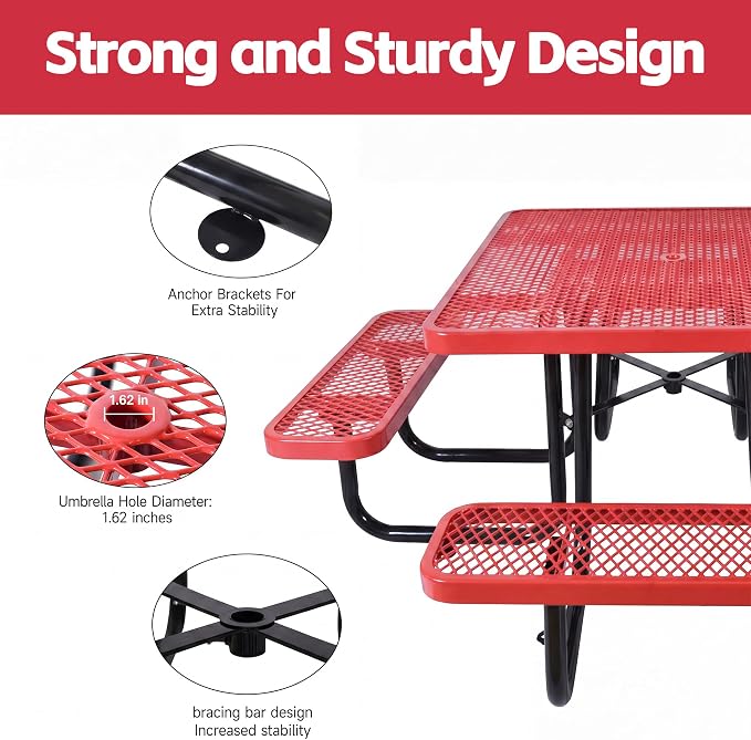 46" Square Metal Picnic Table for 4-8 Person, Durable Heavy Duty Commercial Picnic Table with Umbrella Hole for Outdoor Coffee Shop, School, Hospital, Easy to Install, Red