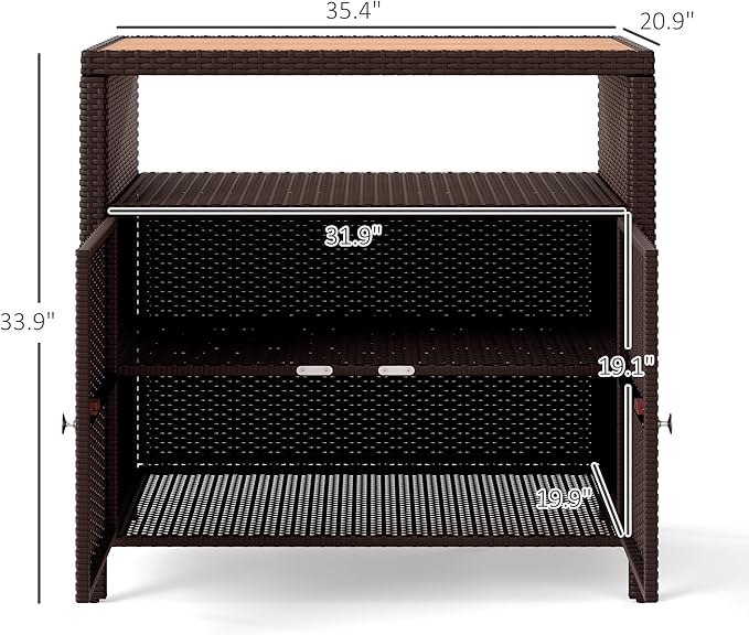 Outsunny Wicker Outdoor Storage Cabinet, Rattan Bar Table with Acacia Wood Countertop, 2 Doors and Shelf, Buffet Cabinet Sideboard for Poolside, Garden, Patio, Backyard, Brown