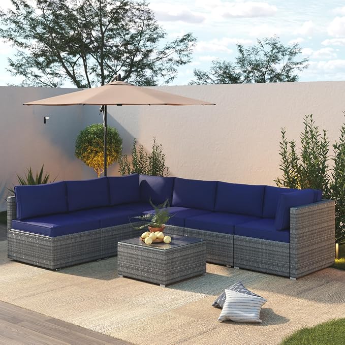 7 Piece Outdoor Sectional with Waterproof Cushions, Outdoor Patio Furniture Set with Coffee Table, Sectional Couch Sofa with Cushions, Wicker Outdoor Conversation Set for Backyard & Garden, Navy Blue