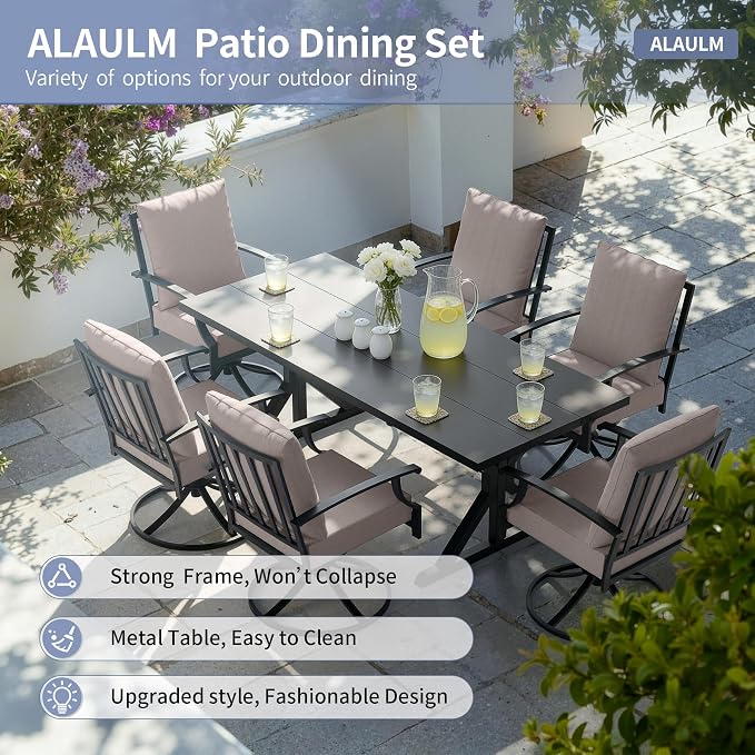 ALAULM 7-Piece Patio Dining Set,Outdoor Metal Dining Set with 6 Swivel Chairs & Rectangle Table with 1.5 Umbrella Hole, Patio Dining Table and Chairs for Backyard, Sand