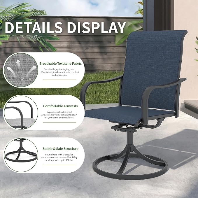 Anmutig 5-Piece Outdoor Patio Dining Set, 48" Round Table with 4 Swivel Textilene Rocking Chairs, Navy Blue Mesh Fabric, Black Metal Frame