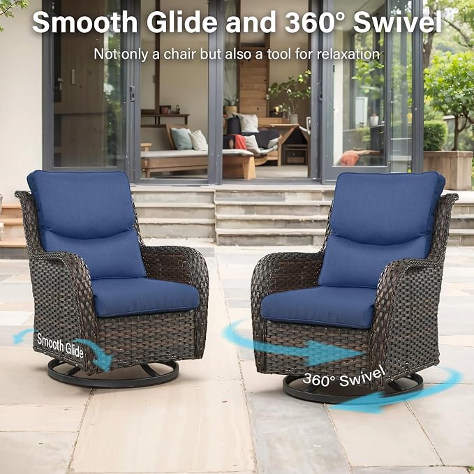 Outdoor Swivel Rocker Patio Chairs Set of 4 with Fire Table - 5" Thick Cushion 6 Piece Furniture Set with Fire Pit Table All Weather Wicker Conversation Set for Porch Deck - Brown/Blue