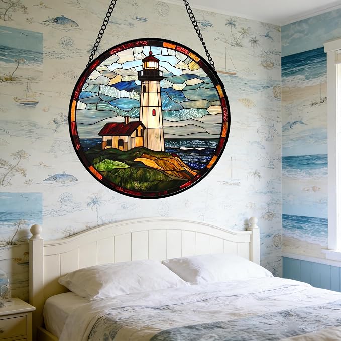 DASTOLL Stained Glass Window Hanging, Ocean Lighthouse Sun Catchers Glass Panel Blue Green Suncatcher Decor for Birthday for Women, Men, Wife, Aunt, and Mom 7.8 in