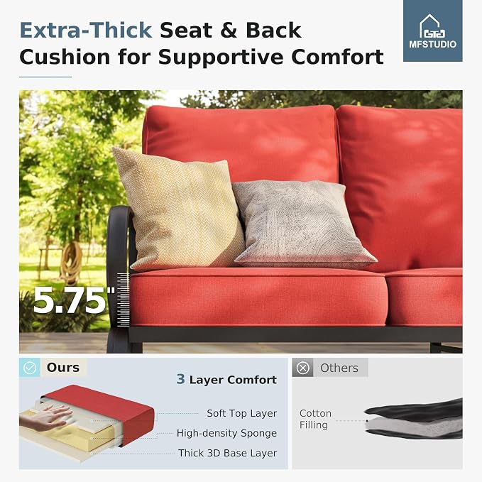 MFSTUDIO 5 Pieces Patio Conversation Sets, 7 Seats Metal Patio Furniture Sets with 1 x 3-Seat Sofa, 2 x Sofa Chairs, 2 x Ottoman, All Weather Steel Patio Sets with 5.75inch Red Cushion for Garden