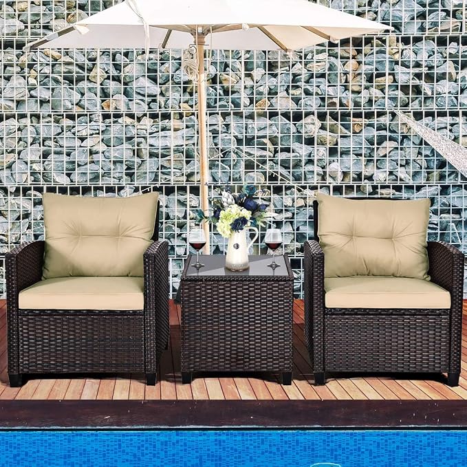 DORTALA Wicker Patio Furniture Set 3 Piece, Outdoor Table and Chairs with Tempered Glass Tabletop, Cushions, Small Rattan Conversation Sofa Set for Balcony, Porch, Backyard, Deck, Beige