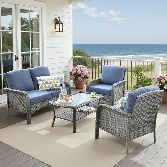 4 Pieces Patio Furniture Set, Small Outdoor Patio Set with Coffee Table, All-Weather Rattan Wicker High Back Conversation Set Loveseat with Chairs for Porch, Backyard, Balcony, Denim Blue