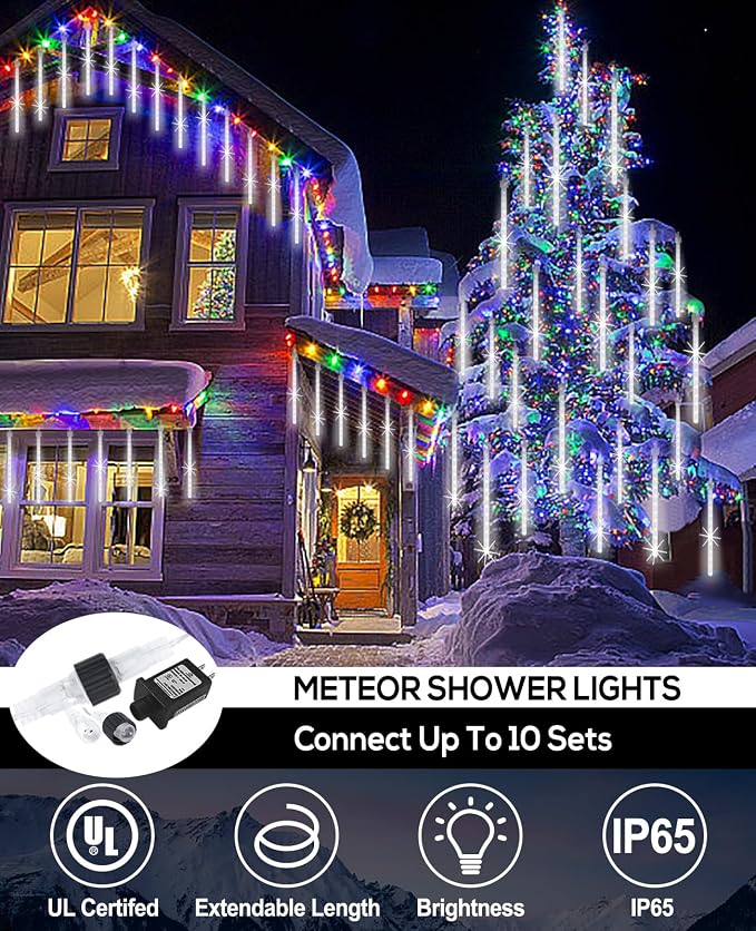 Christmas Rain Lights Outdoor 12" 10 Tubes, White | 240 LEDs Meteor Shower Light Falling Rain Drop Lights Icicle Cascading Xmas String Light for Tree Wedding Party Garden Decor