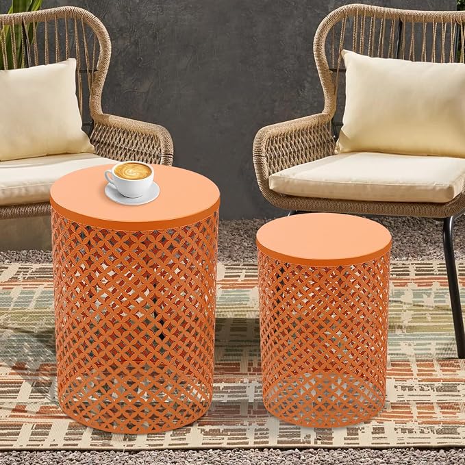 Metal Frame Accent Table,Cylindrical Outdoor Side Table,Decorative Garden Stool,Set of 2 Nesting Side Table,Modern Decorative Garden Stool for Patio Balconies Cafes Parks (2, Orange)