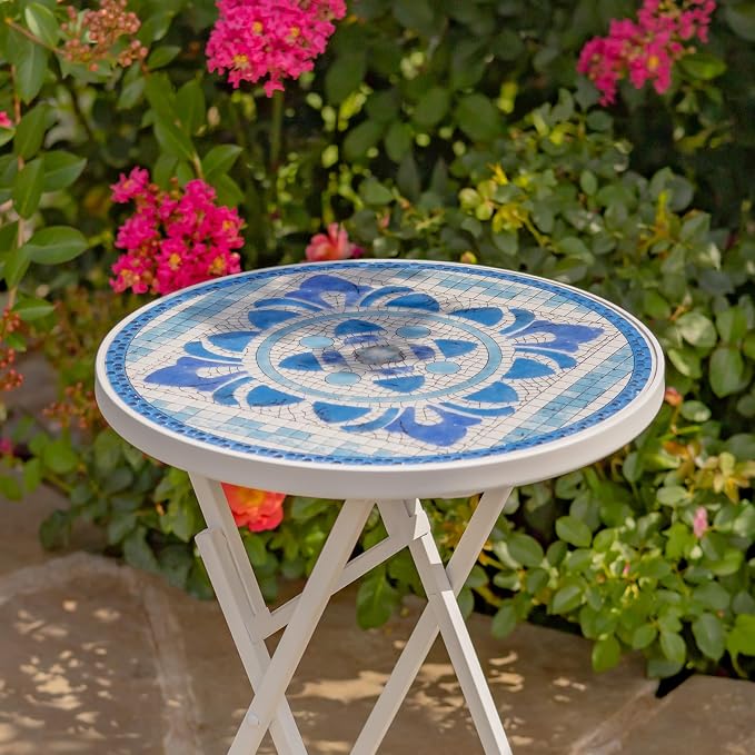 Zaer Ltd. Mosaic Tile Furniture with White Metal Frame and Patterned Tile Tops (Cape May - White/Blue, Folding Accent Table)