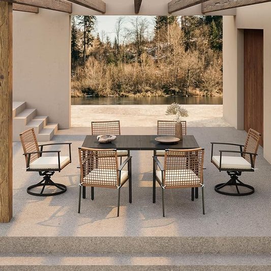 LAUSAINT HOME 7 Pieces Patio Dining Set, Outdoor Furniture Set of 6 Wicker Chairs (2 of Them Swivel) with Soft Cushion and Iron Slats Table Top with Umbrella Hole, Conversation Set for Backyard