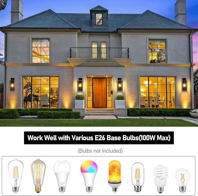 BesLowe 15’’ Large Outdoor Wall Lights, Porch Lights Black with Gold Trim | Waterproof Metal Construction, Rust-resistant, Quick & Easy Installation, Clear Glass Shades & Standard E26 Socket