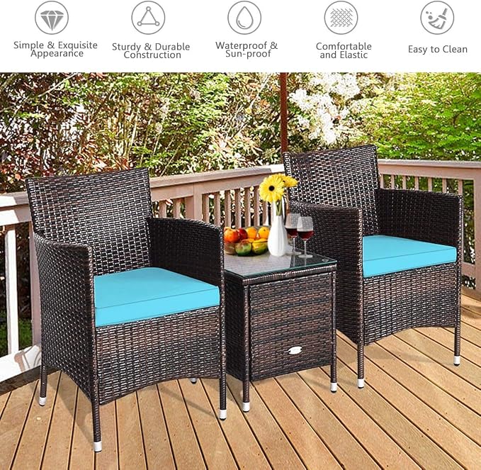 HAPPYGRILL 3-Pieces Patio Furniture Set Outdoor Rattan Wicker Conversation Set with Coffee Table Chairs & Cushions for Patio Garden Lawn Backyard Poolside
