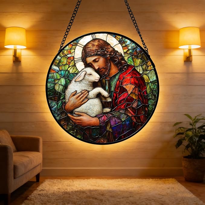 DASTOLL Stained Glass Window Hanging, Jesus Little Lamb Sun Catchers Colorful Glass Panel Christianity Suncatcher Decor for Birthday for Women, Men, Wife, Aunt, and Mom 14.9x14.9 in