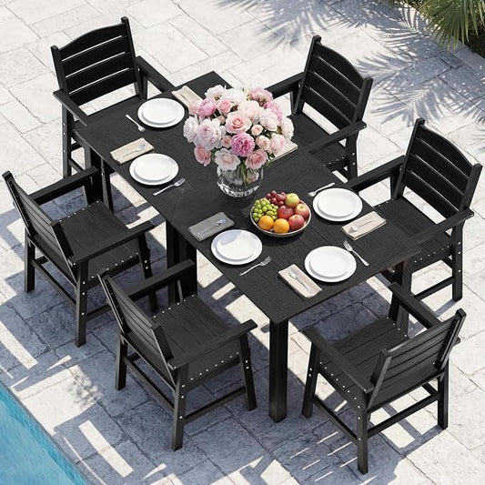 YEFU Patio Dining Sets 8-Piece: All-Weather Outdoor Table and Chairs with Aluminum Frame - Easy Assembly Patio Dining Set for 6 Modern Wood Grain HIPS Furniture for Family in Outside/Deck/Pool Black
