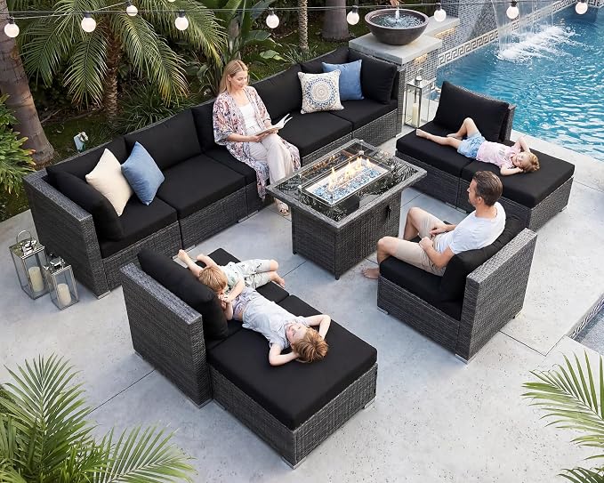 NICESOUL 11 Piece Outdoor Furniture Set w/Fireplace, Luxury Patio Sectional, Chill 29.3'' High-Back Backyard Seating Area, All-Weather Rattan Couch Set, Modular Sofa for Outside, Deck, Grey & Black
