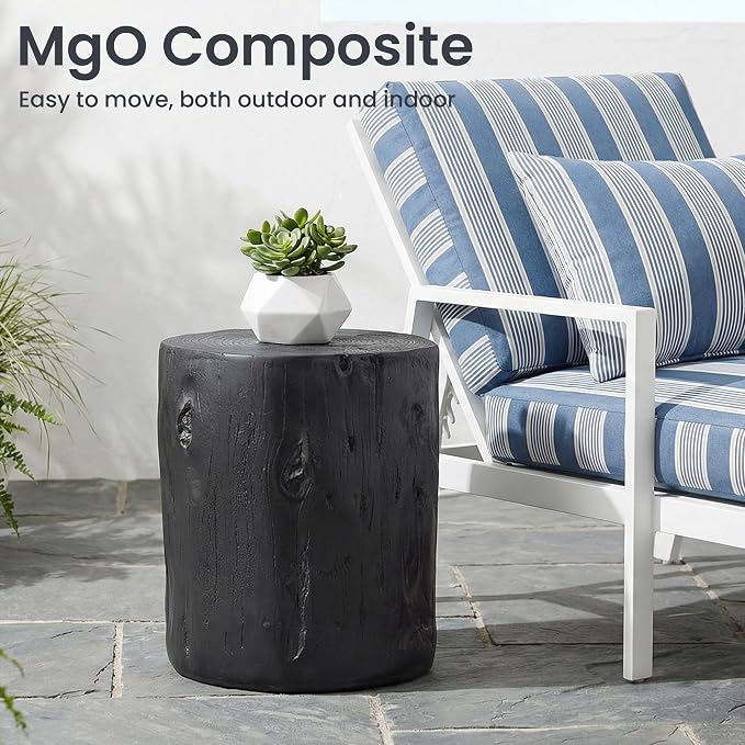 HOMPUS Concrete Outdoor Side Table, Tree Stump Modern Round Accent Table, Planter Stand Faux Wood End Garden Stool for Patio, Home Decor, Living Room, Black