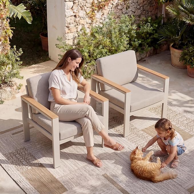 4-Piece 4-Seater Aluminum Patio Furniture Set, Outdoor Patio Table and Chairs Set with 2 Single Chairs+Loveseat+Coffee Table, 1.5mm Thick Rustproof Frame, Waterproof Washable Cushions for Porch Deck