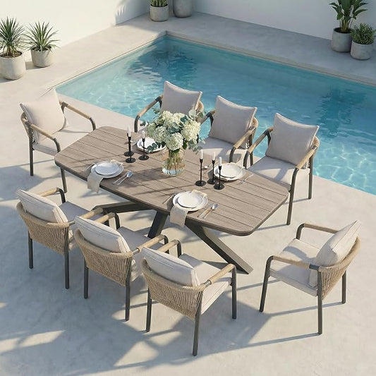 SUNSITT 9 Piece Outdoor Patio Dining Set, Patio Dining Furniture Set with 87” Aluminum Dining Table w/X Base Legs and 8 Woven Wicker Patio Chairs w/Curved Backrest for Garden, Dark Grey