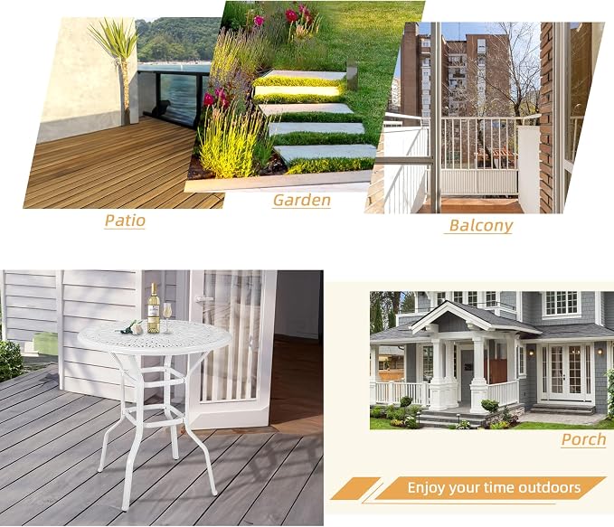 Cast Aluminum Patio Bar Table, 35.4" Outdoor Bar Height Bistro Table with 2" Umbrella Hole, Patio Bistro Round High Top Dining Table Pub Table for Porch Balcony Backyard, White