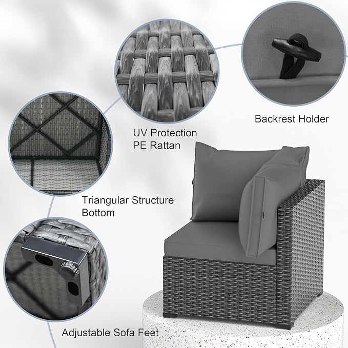 Patio Furniture Set with Fire Pit Table, 8PCS Outdoor Conversation Sets Waterproof Rattan Sectional Sofa with 4” Thickened Cushion Modular Wicker Patio Furniture Set with Glass Top Table (Grey)