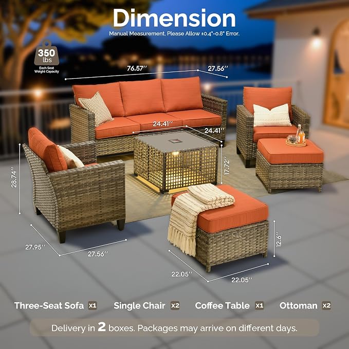 6 Piece Wicker Patio Furniture Set with Solar Table, Orange | Outdoor Deep Seating Sofa Chair Ottoman, Solar Lights Table, All Weather Rattan, Modern Conversation Set, Porch Deck Backyard