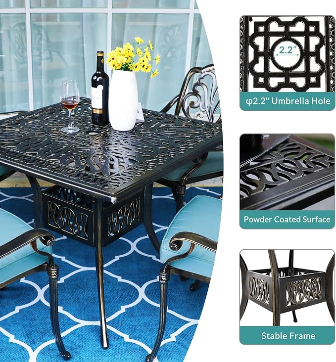 MEETWARM 5-Piece Outdoor Patio Dining Set, All-Weather Cast Aluminum Patio Conversation Set for Backyard Garden Deck with 4 Chairs, 4 Cushions and 35.4" Square Table, 2.2" Umbrella Hole, Ocean Blue