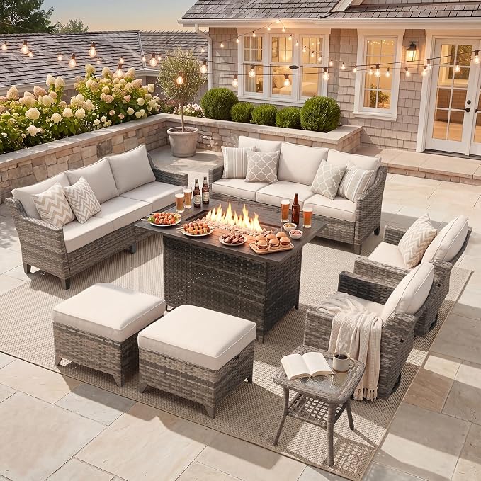 Belord Patio Wicker Swivel Rocker Patio Chairs with 3-Seater Sofa and 42.5" Fire Pit Table, Outdoor Furniture Set for Deck Porch Poolside, 8 Piece Patio Conversation Furniture Set,Beige