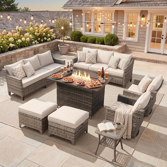 Belord Patio Wicker Swivel Rocker Patio Chairs with 3-Seater Sofa and 42.5" Fire Pit Table, Outdoor Furniture Set for Deck Porch Poolside, 8 Piece Patio Conversation Furniture Set,Beige