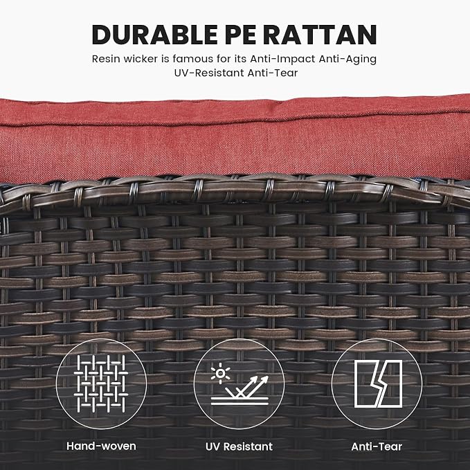 Belord High Back Patio Chairs Set of 2 - Brown Wicker Outdoor Seating, 4" Wide Armrests Rattan Outdoor Club Chairs with Red Removable Cushion for Deck Porch Backyard