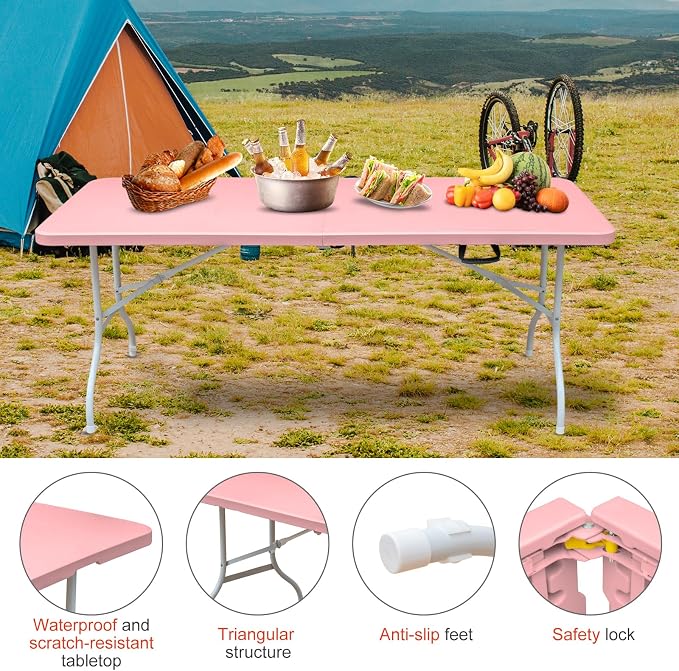 Portable 6Ft Folding Table, Heavy Duty Plastic Fold-in-Half Utility Foldable Dining Table, Multi-Purpose Plastic Folding Table with Carrying Handle for Camping and Party Indoor/Outdoor (Pink)