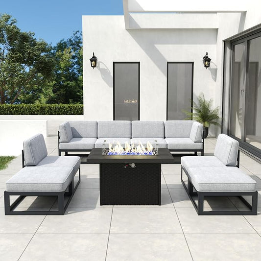 9 Pieces Aluminum Patio Furniture Set with Propane Gas 44" Fire Pit Table, Metal Outdoor Conversation Sofa Set with Seating Cushions