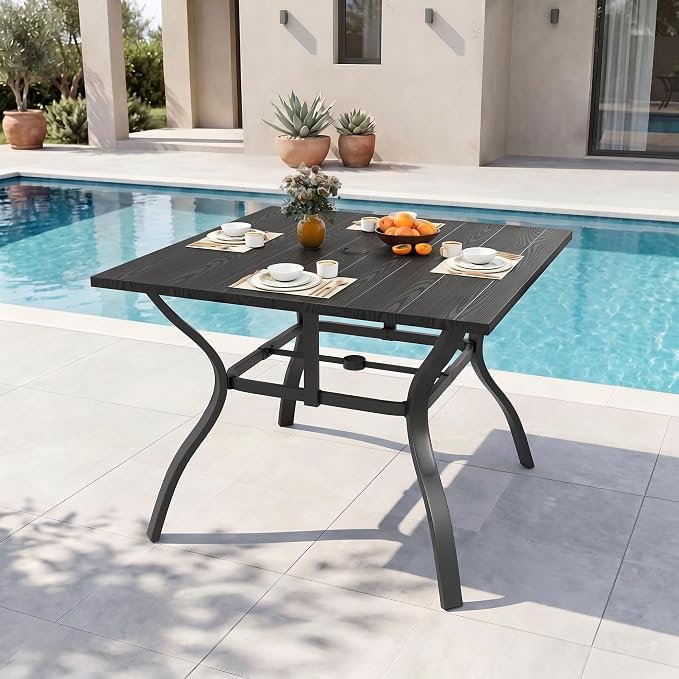 37.8'' Outdoor Dining Table for 4, Black Metal Patio Dining Table with 1.97'' Umbrella Hole,Anti-Rust Waterproof Square Table for Porch Deck Poolside Garden Backyard