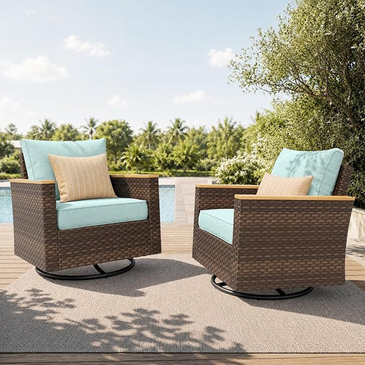 PHI VILLA Wicker Patio Furniture Set with Swivel Chairs, Rattan Sectional Outdoor Couch with Deep Seating for Poolside, Backyard, 2 x Swivel Patio Sofa, Aqua Blue Color