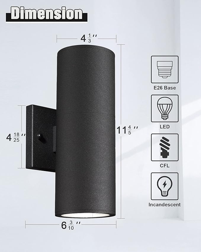 Ken & Ricky Cylinder Outdoor Wall Sconce Lights,Up and Down, Black, 2 Pack | Aluminum Waterproof Outdoor Wall light,No Glare,Exterior Lighting Fixtures,E26 Base，For Porch House Garage Front Door Patio
