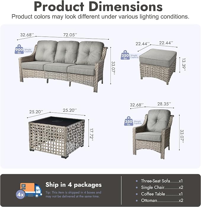 6 PCS Patio Furniture Set, Deep Seat High Back Outdoor Conversation Set with Ottomans, Wicker Outside Furniture with Solar Light Coffee Table for Porch Backyard Balcony, Sunroom, Dark Grey