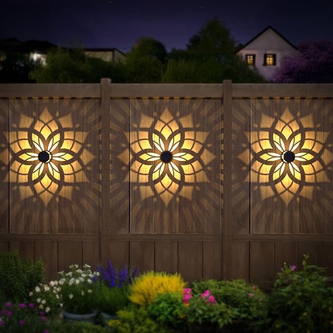 4 Pack Solar Fence Lights Metal Solar Powered Outdoor Wall Deck Step Lights Mandala Theme Waterproof Fence Light for Garden Post Patio Backyard Yard Decor, Gardening Gifts for Women Mom Grandma