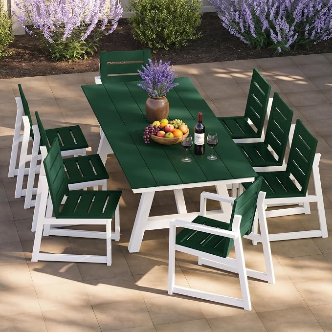 Costaelm Rectangle Patio Table, 8-Person Backyard Table 90" HDPE Dining Table with Umbrella Hole and Metal Frame for Outside, Garden, Poolside, Deck, Porch, Balcony, Dark Green