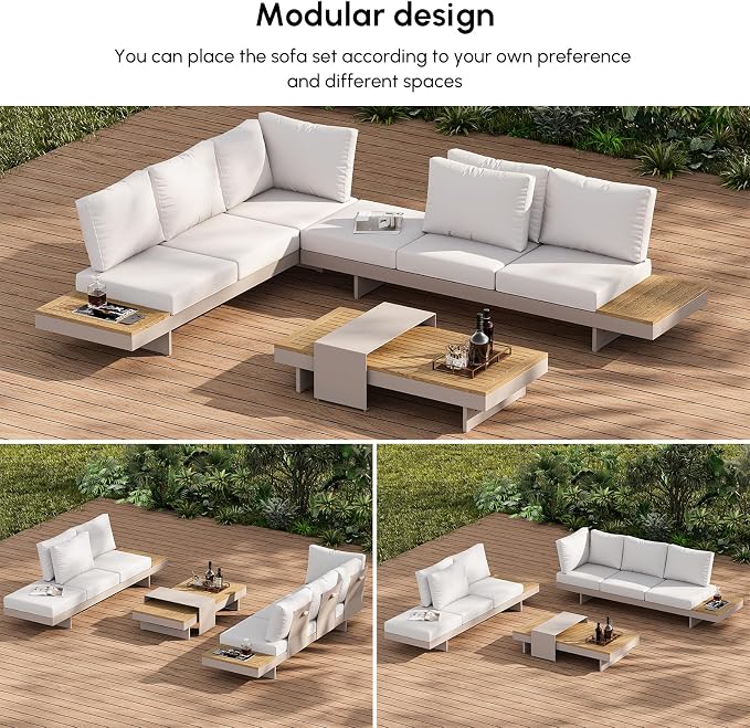 homary Outdoor Conversation Sets Ideal for Patios, Light Gray | 4 Piece Aluminum & Teak Patio Sectional Sofa Set with Adjustable Backrests, Waterproof Cushions