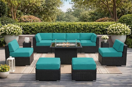 Fully Assembled 11 Piece Outdoor Aluminum Wicker Patio Furniture with Turquoise 6-inch Rainshield Waterproof Cushions, Oversized Seats and 42-inch Fire Table