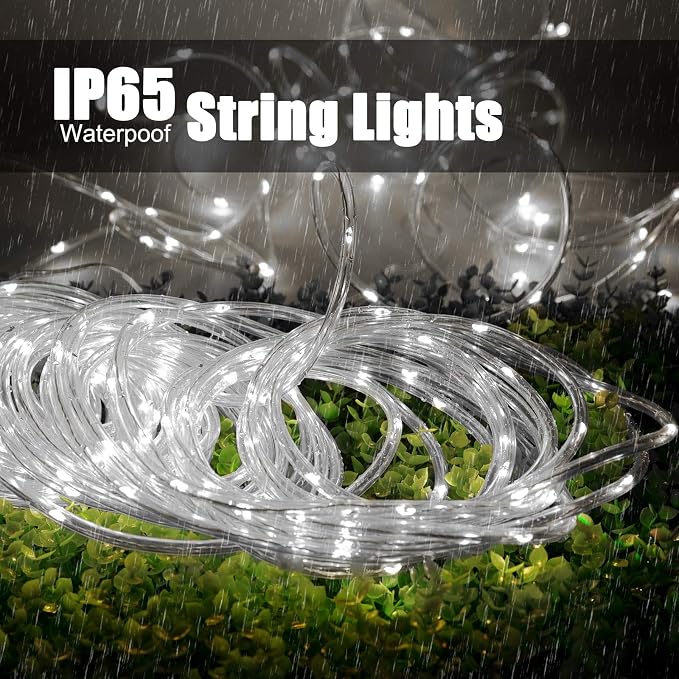 Brightown 2 Pack Total 78FT 200LED Solar Rope Lights, Pure White | IP65 Waterproof Solar Fairy Lights with 8 Lighting Modes, Outdoor String Lights for Party Garden Yard Holiday Tree Decoration
