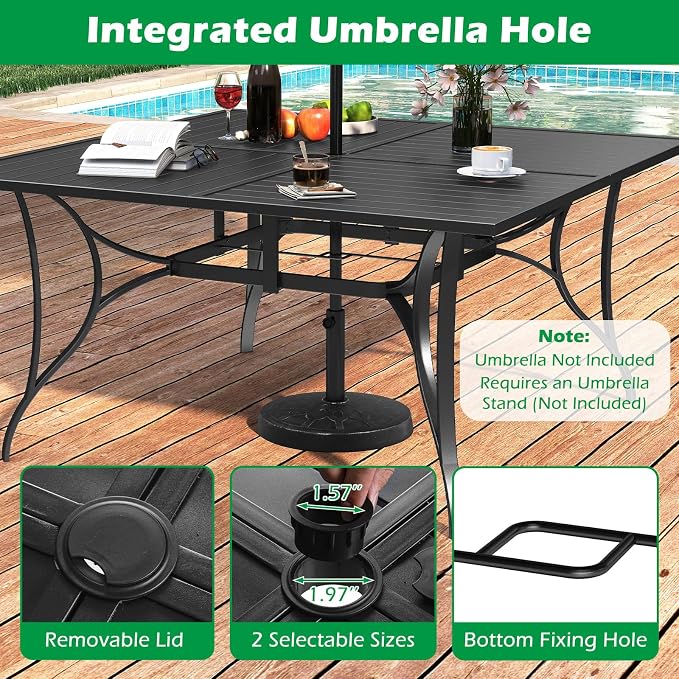 Tangkula 60" x 60" Metal Patio Dining Table for 8, Square Heavy Duty Outdoor Dining Table with Umbrella Hole, 8-Person Outside Dining Furniture for Porch, Garden, Balcony and Backyard