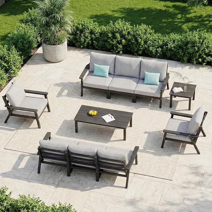 LOUNZY HDPE Patio Furniture Set, 10 Pieces Sectional Outdoor Furniture Set, All Weather Outdoor Couch Set Patio Conversation Set for Deck, Lawn, Black